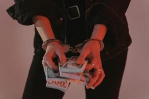 Mujer esposada con dinero en manos